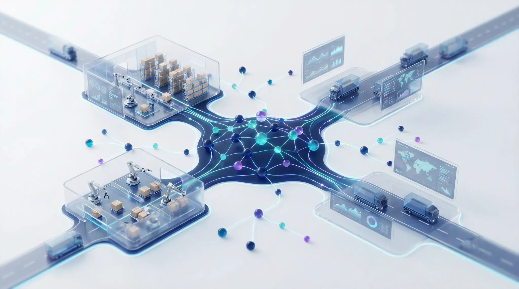 AI-native operations control showing interconnected warehouse, logistics, and analytics systems